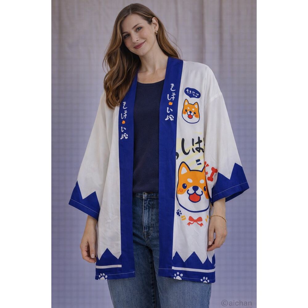 Shiba Inu Kimono Cardigan Anime Dog Print XL Blue White Lightweight Open Front